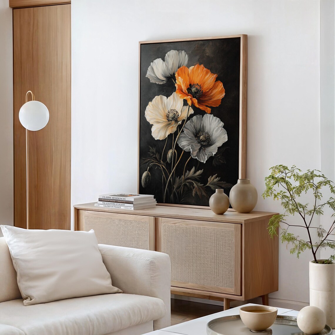 Dark Botanical Poppy Flower Painting Orange White Moody Wall Art Print - Image 3