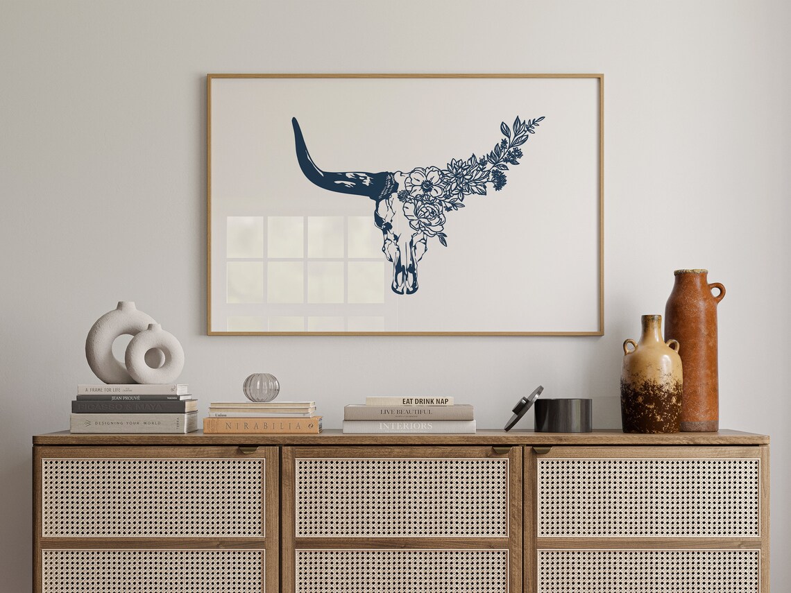 Western Steer Skull Floral Horn Blue Line Art Cowboy Wall Poster - Image 2