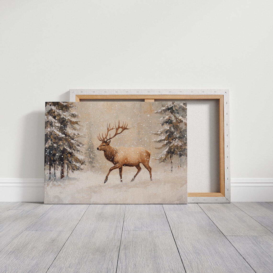 Young Elk In Snow Covered Winter Forest Lodge Wildlife Painting Print - Image 2