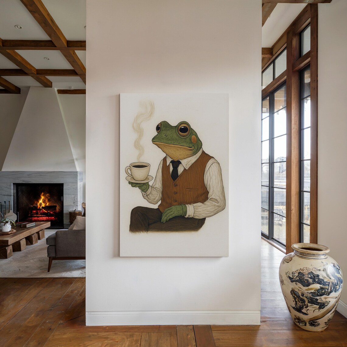 Dapper Frog Drinking Coffee, Whimsical Animal Portrait - Image 4