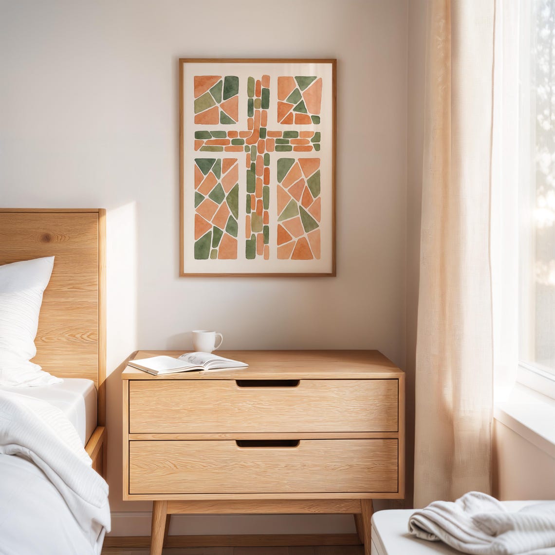 Geometric Mosaic Cross Watercolor Print Earth Tone Abstract Christian Art Modern Faith Wall Decor For Home Church Or Study - Image 2