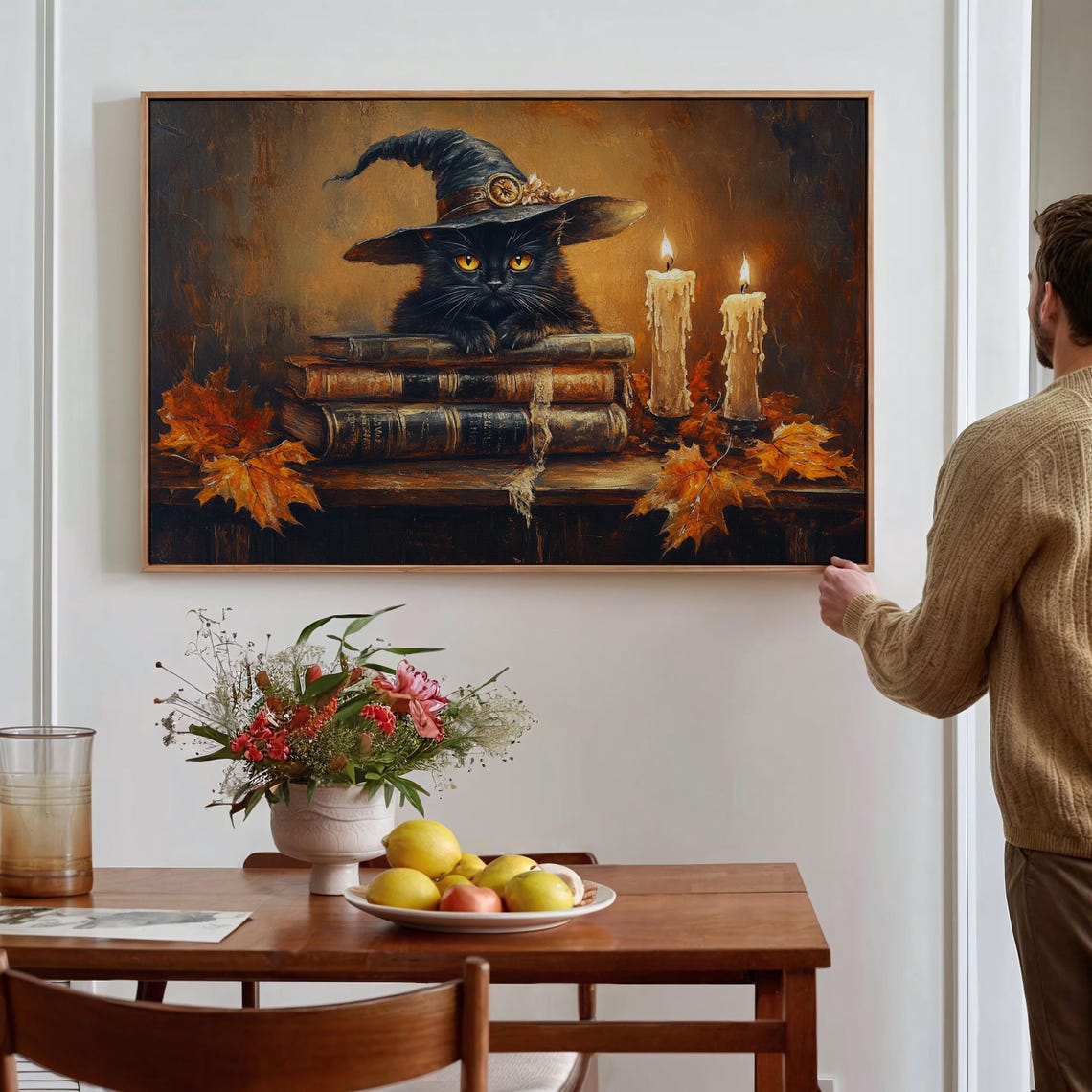 Witchy Black Cat Wizard Hat Books Candlelight Autumn Halloween Poster - Image 2
