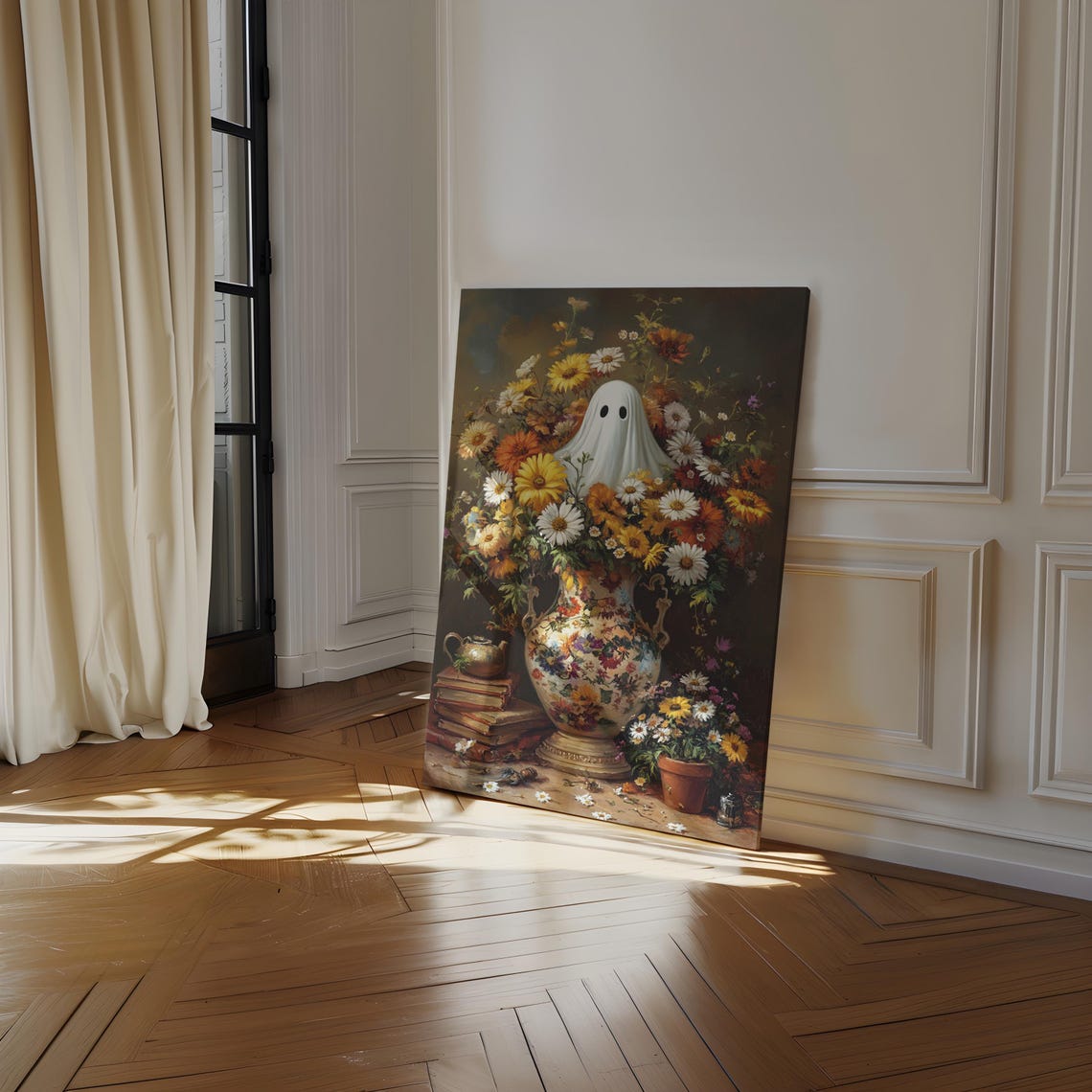 Ghost Peeking From Floral Vase With Books Whimsical Halloween Print - Image 2