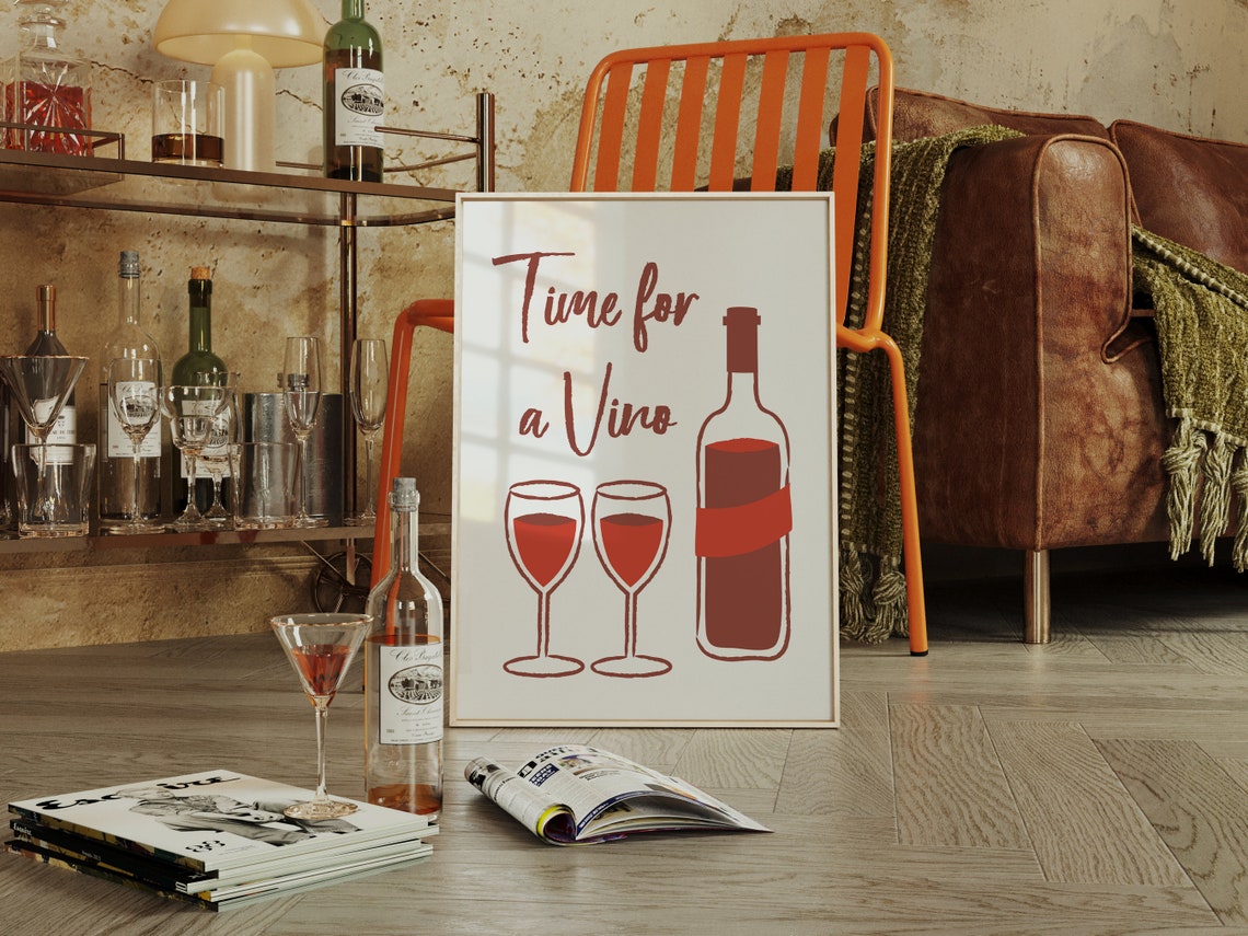 Time for a Vino Retro Script Wine Quote Bar Cart Kitchen Wall Art