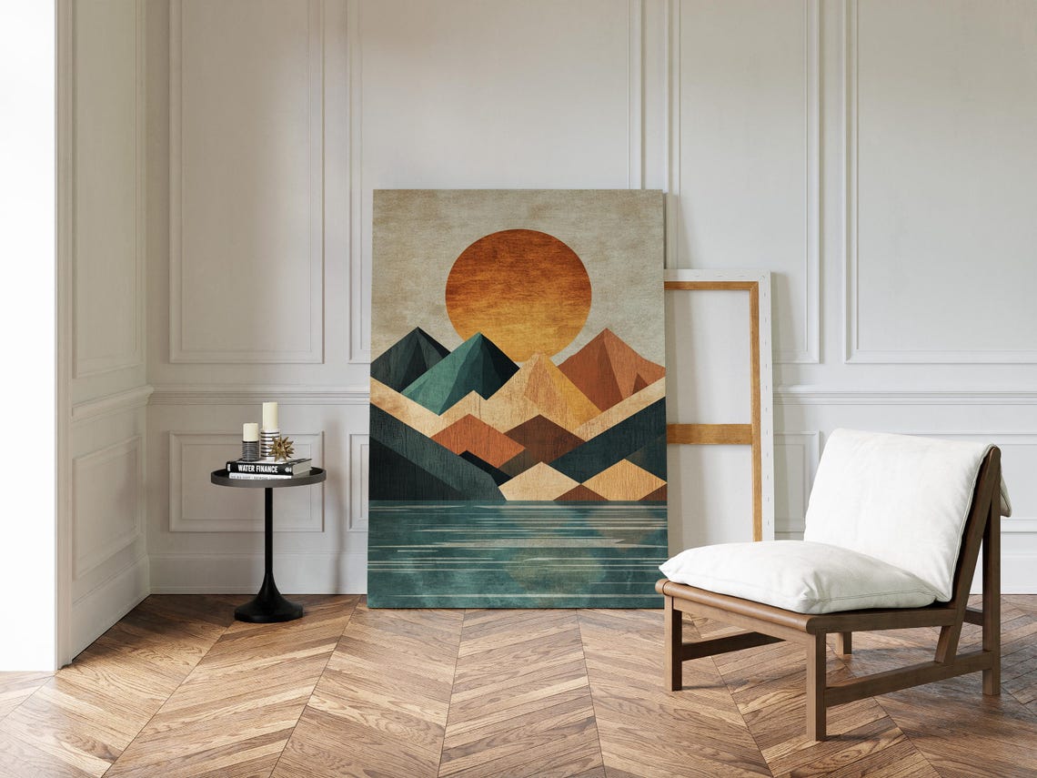 Modern Geometric Mountain Print Abstract Nature Art With Sun And Lake Earthy Tones Wall Decor For Home Office Or Gift - Image 5