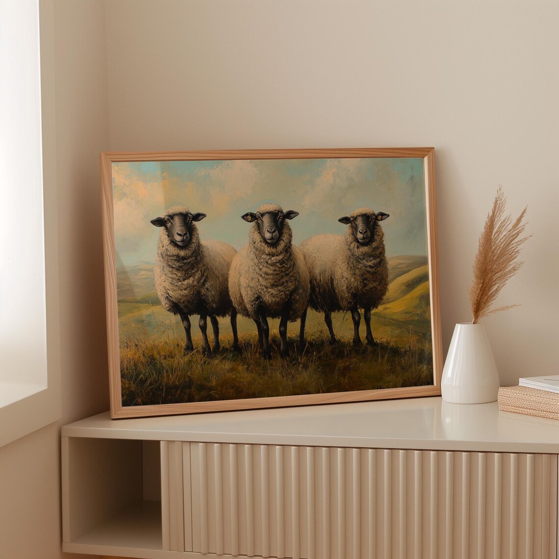 Three Sheep in Pasture Painting, Rustic Farm Scene - Image 3