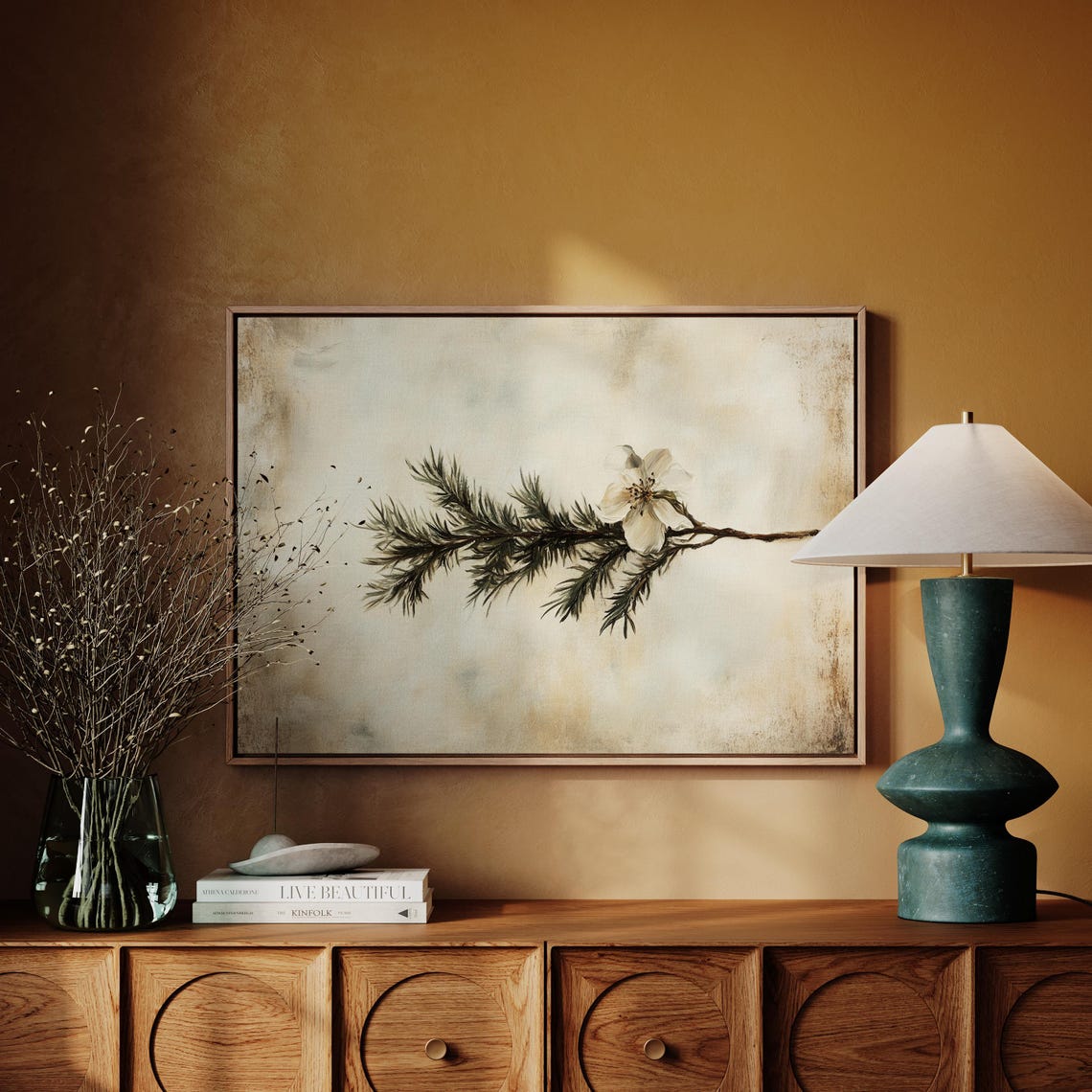 Minimalist Botanical Pine Branch White Blossom Rustic Nature Print - Image 4
