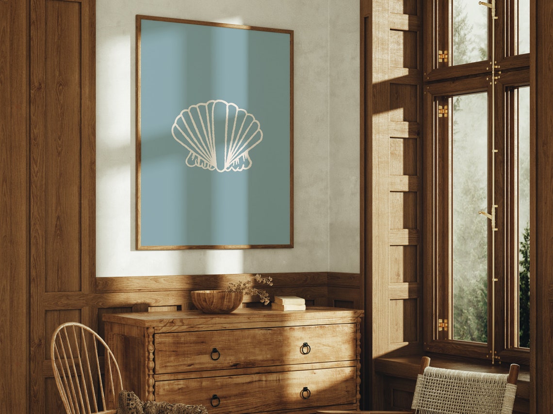 White Scallop Shell Minimalist Line Art Dusty Blue Beach Poster - Image 2