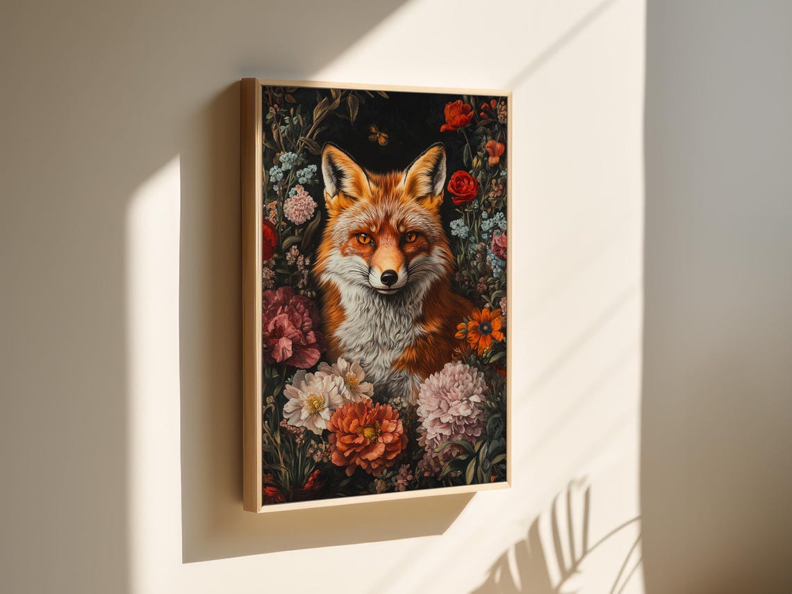 Red Fox Floral Portrait Wildflower Dark Botanical Rustic Nature Poster - Image 4