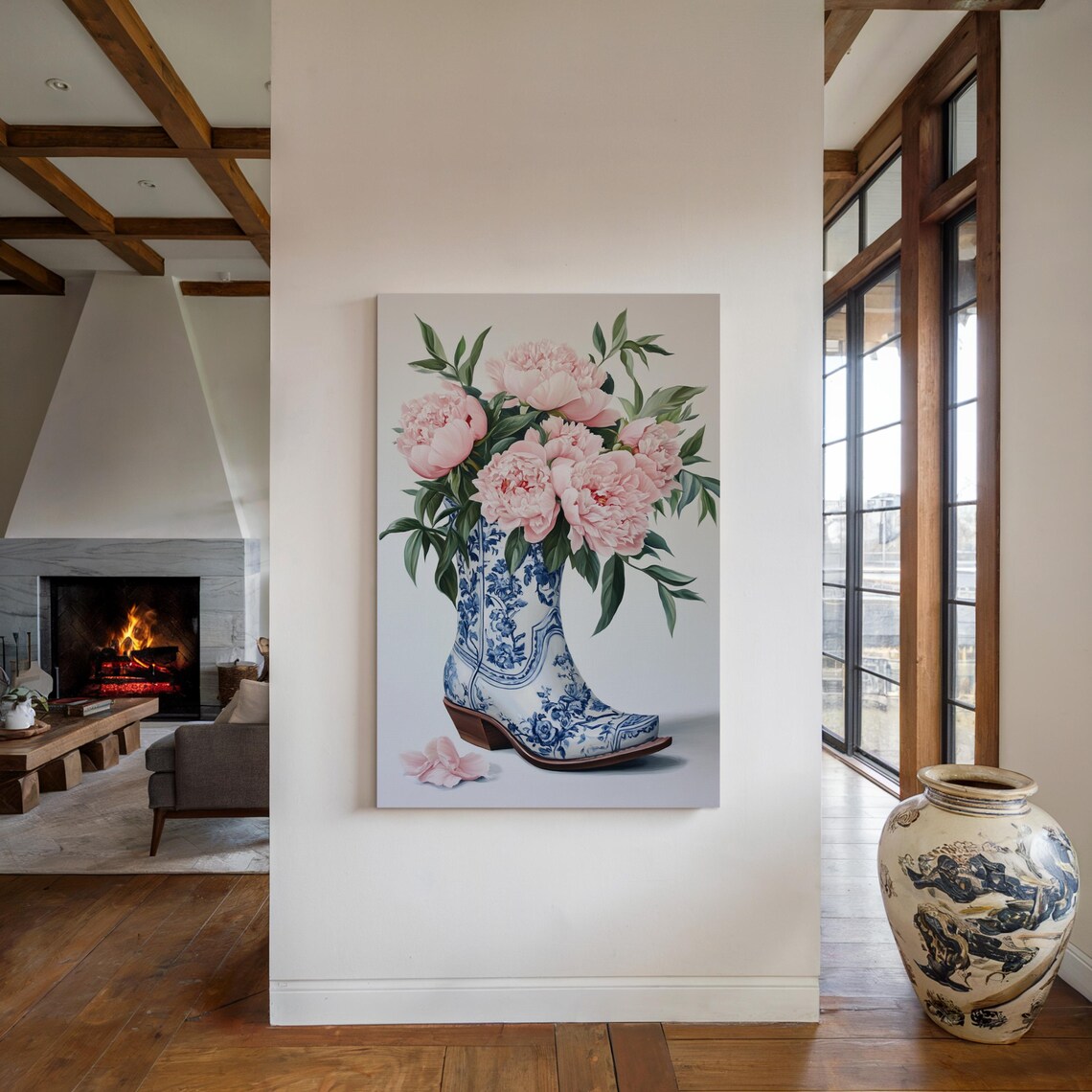Pink Peonies Porcelain Cowboy Boot Vase Blue White Floral Art Poster - Image 2