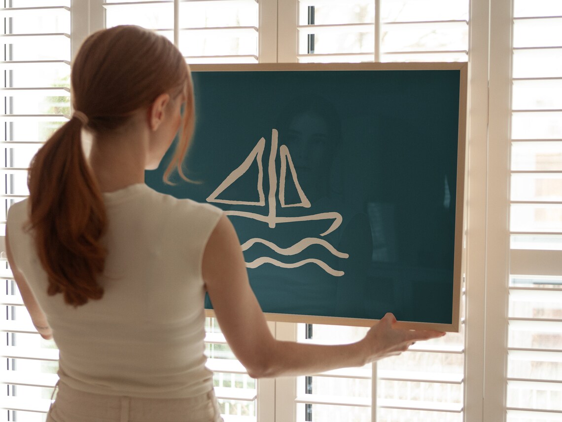 Minimalist Sailboat Line Art Cream Dark Teal Coastal Horizontal Poster - Image 2