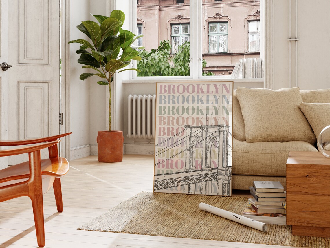 Brooklyn Bridge Line Art With Pastel Typography New York City Poster - Image 2
