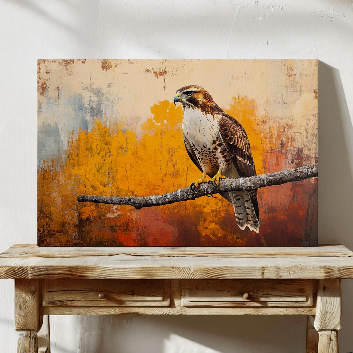 Majestic Hawk On Branch Bold Wildlife Wall Art Print With Vibrant Autumn Textured Background - Image 4