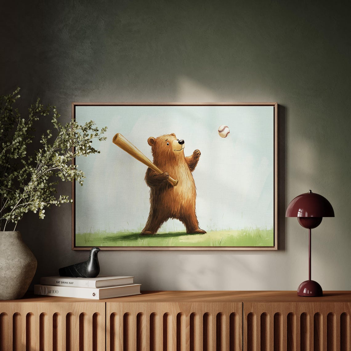 Playful Brown Bear Playing Baseball Whimsical Kids Room Sports Print - Image 2