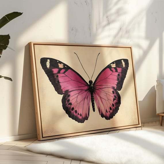 Pink Monarch Butterfly Print Vintage Botanical Wall Art With Black Accents Perfect For Nature Decor Or Cottagecore Interiors