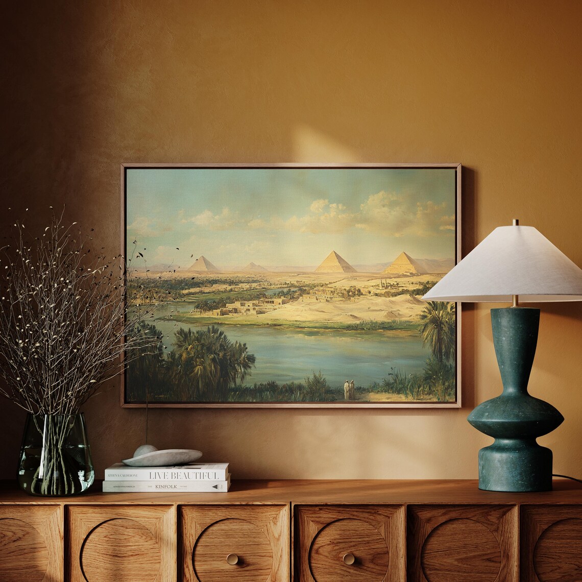 Ancient Egypt Landscape, Nile River and Pyramid View Art Print - Image 2