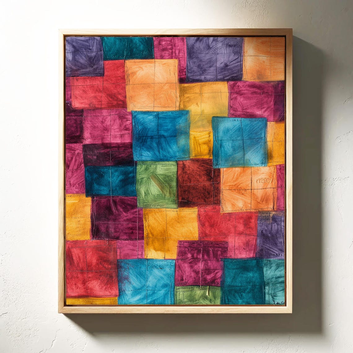 Bold Abstract Artwork Featuring Vibrant Geometric Squares In Blue Red Orange And Green Tones With Textured Brushstrokes - Image 2