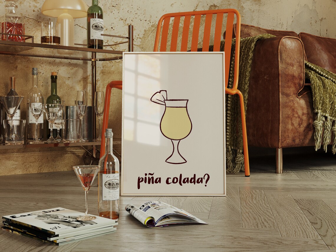 Pina Colada Tropical Cocktail Hurricane Glass Line Art Bar Poster - Image 2