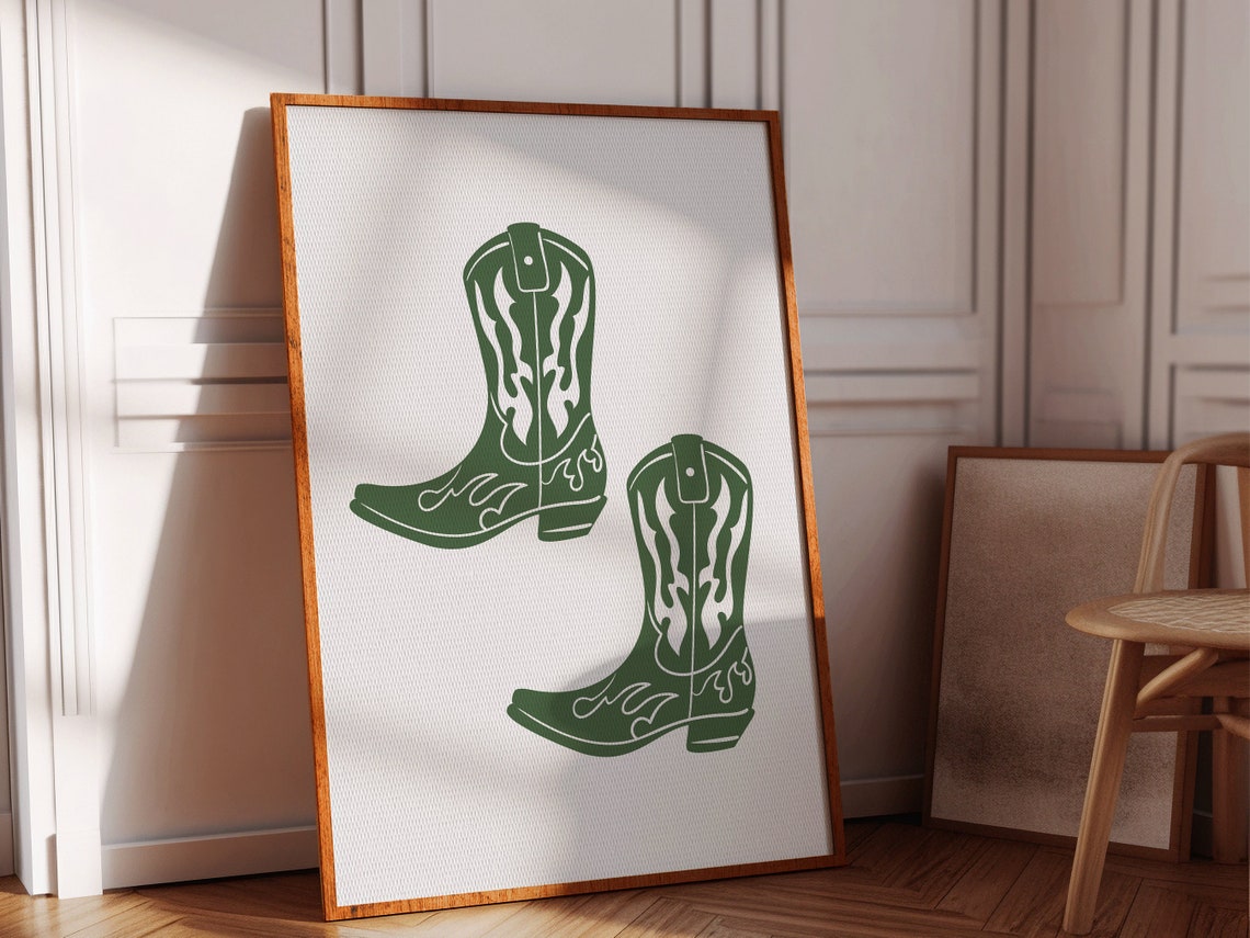 Green Cowboy Boots White Stitch Boho Western Minimalist Wall Poster - Image 2