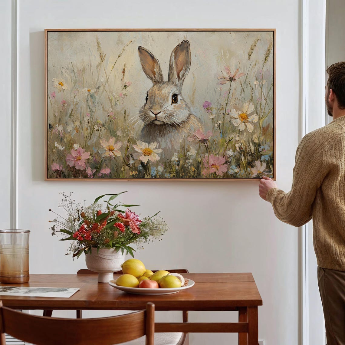 Cute Bunny In Cosmos Daisy Meadow Spring Floral Rabbit Wall Art - Image 4