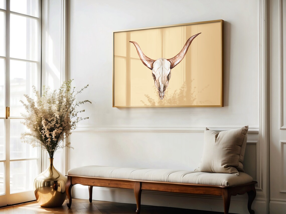 Longhorn Skull Watercolor Tan Background Western Wall Art Poster - Image 2