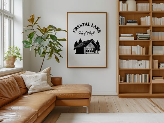 Crystal Lake Food Hall Poster Rustic Cabin Logo Wall Art Cozy Decor For Kitchen Dining Room Or Country Home