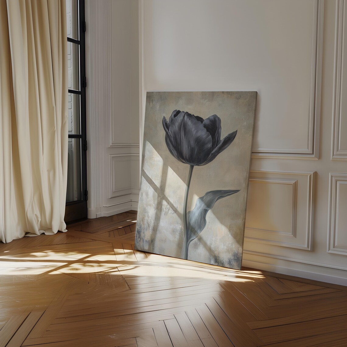 Elegant Black Tulip Painting, Modern Floral Decor - Image 2