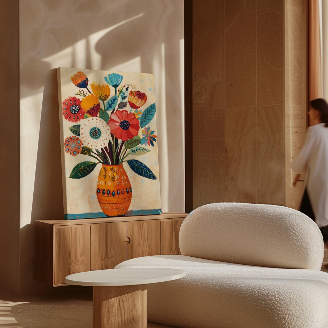 Whimsical Folk Art Flower Bouquet Orange Vase Colorful Wall Art Print - Image 5