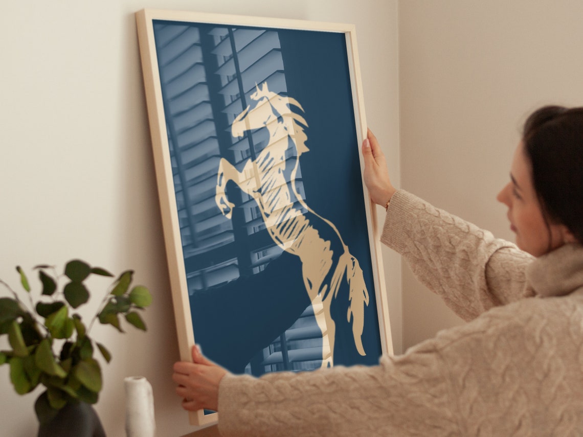 Rearing Horse Sketch Navy Cream Modern Western Equestrian Art Print - Image 2
