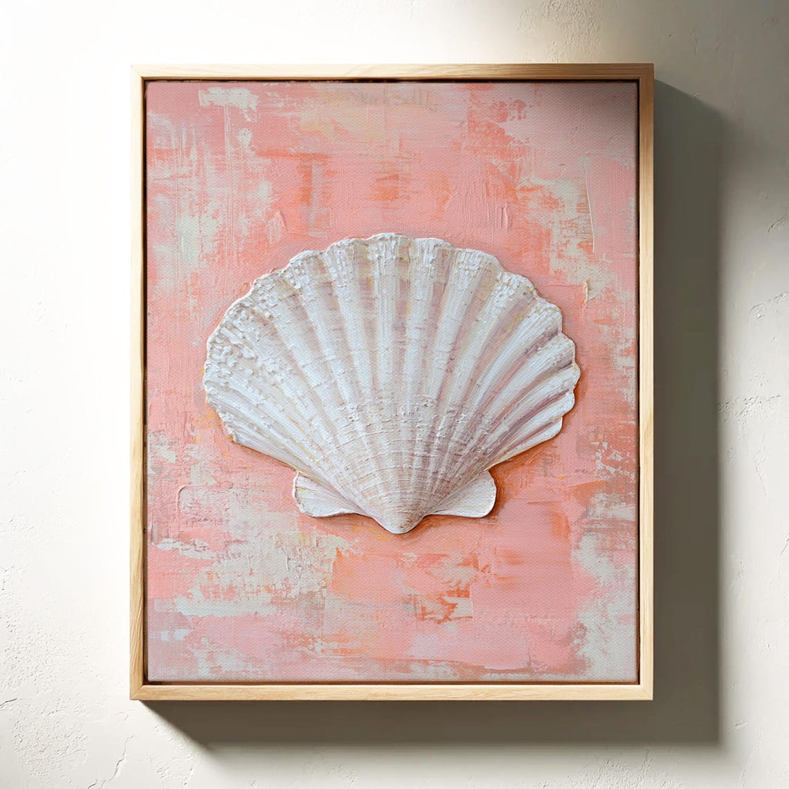 Textured White Scallop Shell Coral Pink Impasto Coastal Art Poster