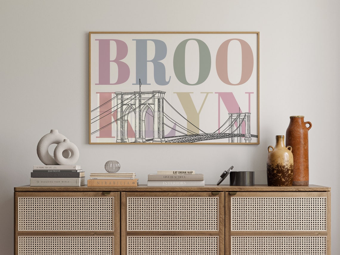 Brooklyn Bridge Line Sketch Pastel Typography New York Travel Poster - Image 2