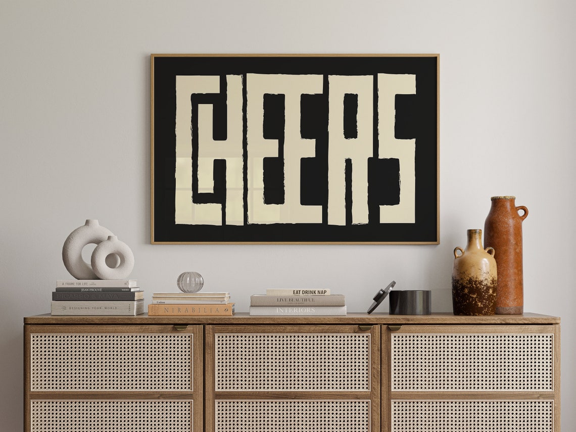 Cheers Bold Cream Typography Black Background Bar Wall Art Poster - Image 2