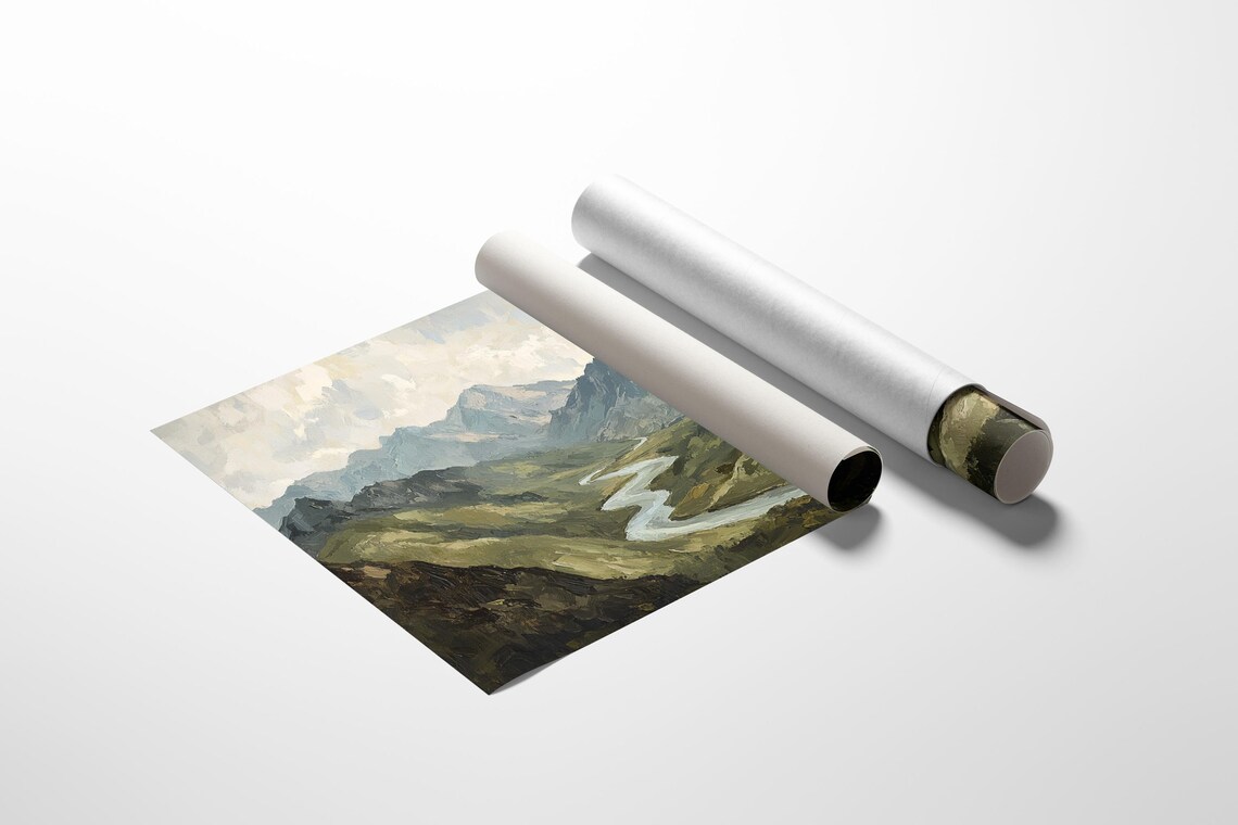 Serene River Valley Painting, Majestic Mountain Landscape - Image 2
