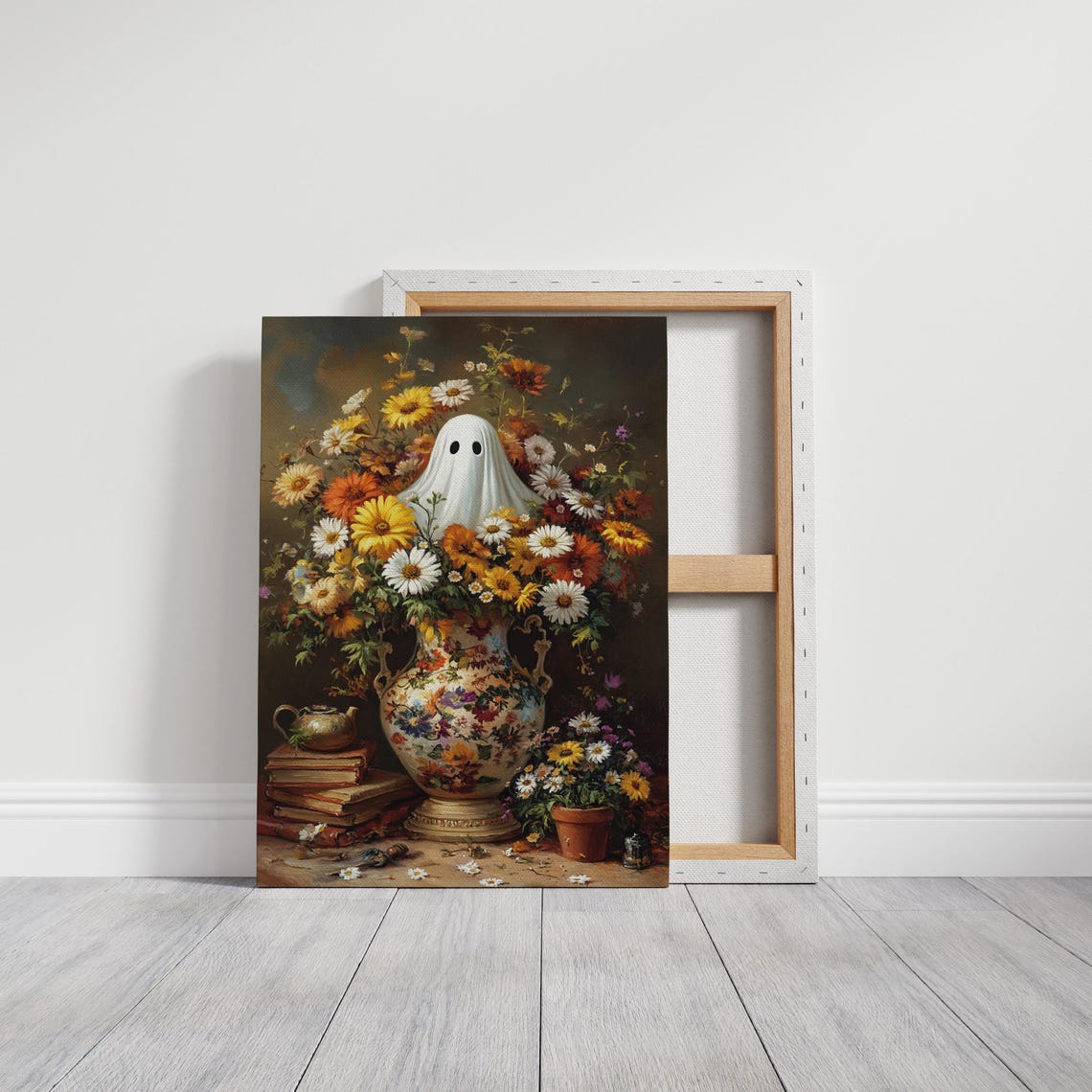 Ghost Peeking From Floral Vase With Books Whimsical Halloween Print - Image 3