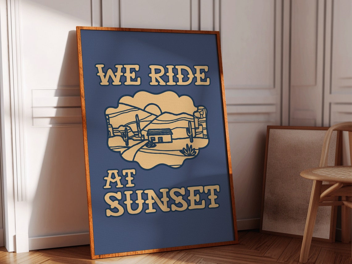 Western We Ride At Sunset Desert Cactus Cowboy Blue Wall Decor Poster
