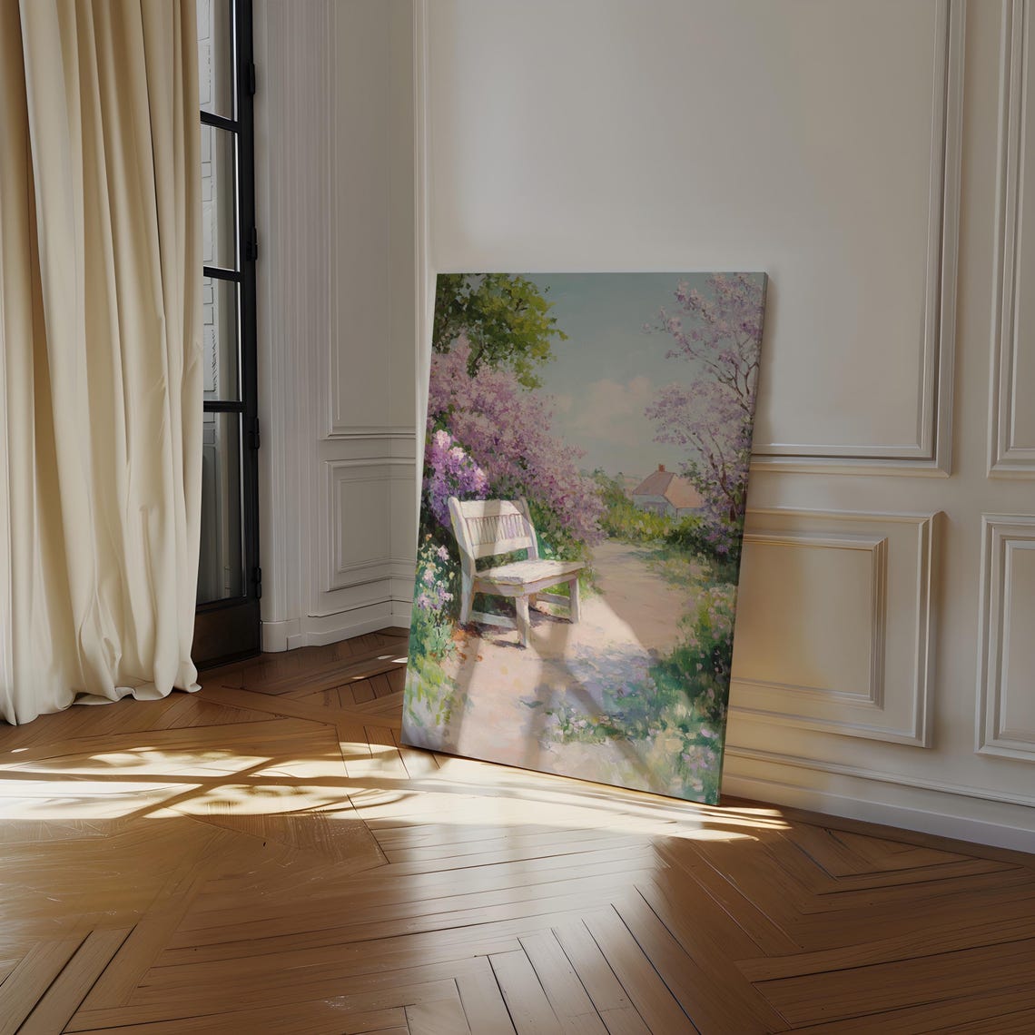 White Garden Bench Blooming Lilacs Spring Cottage Path Floral Poster - Image 2