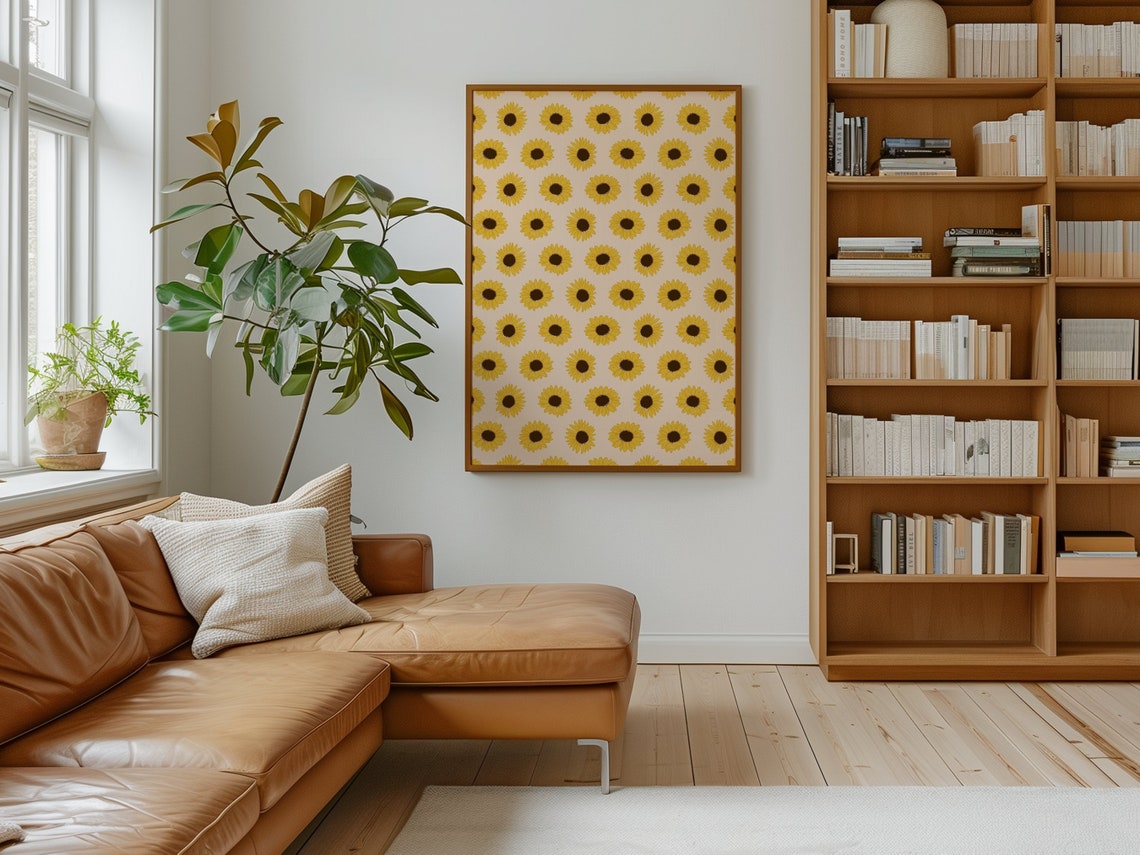 Small Yellow Sunflower Dot Pattern Beige Vintage Floral Poster - Image 2