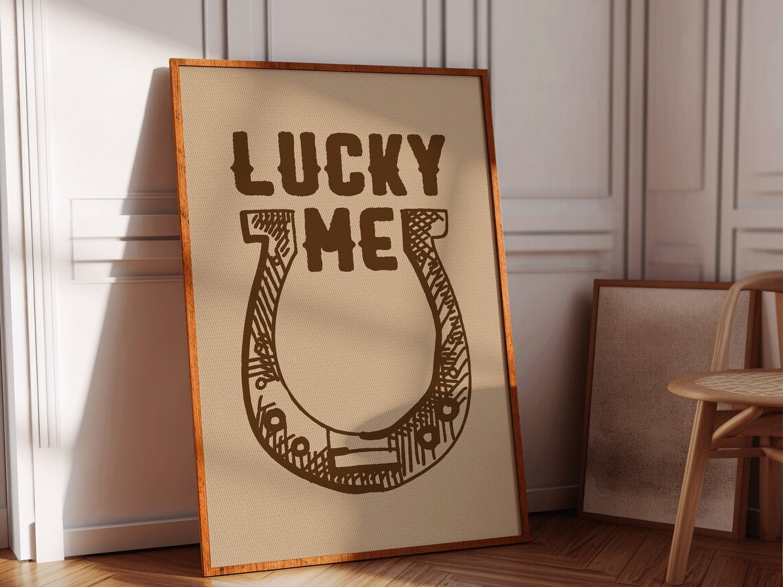 Lucky Me Horseshoe Tan Western Typography Good Luck Quote Wall Art - Image 2
