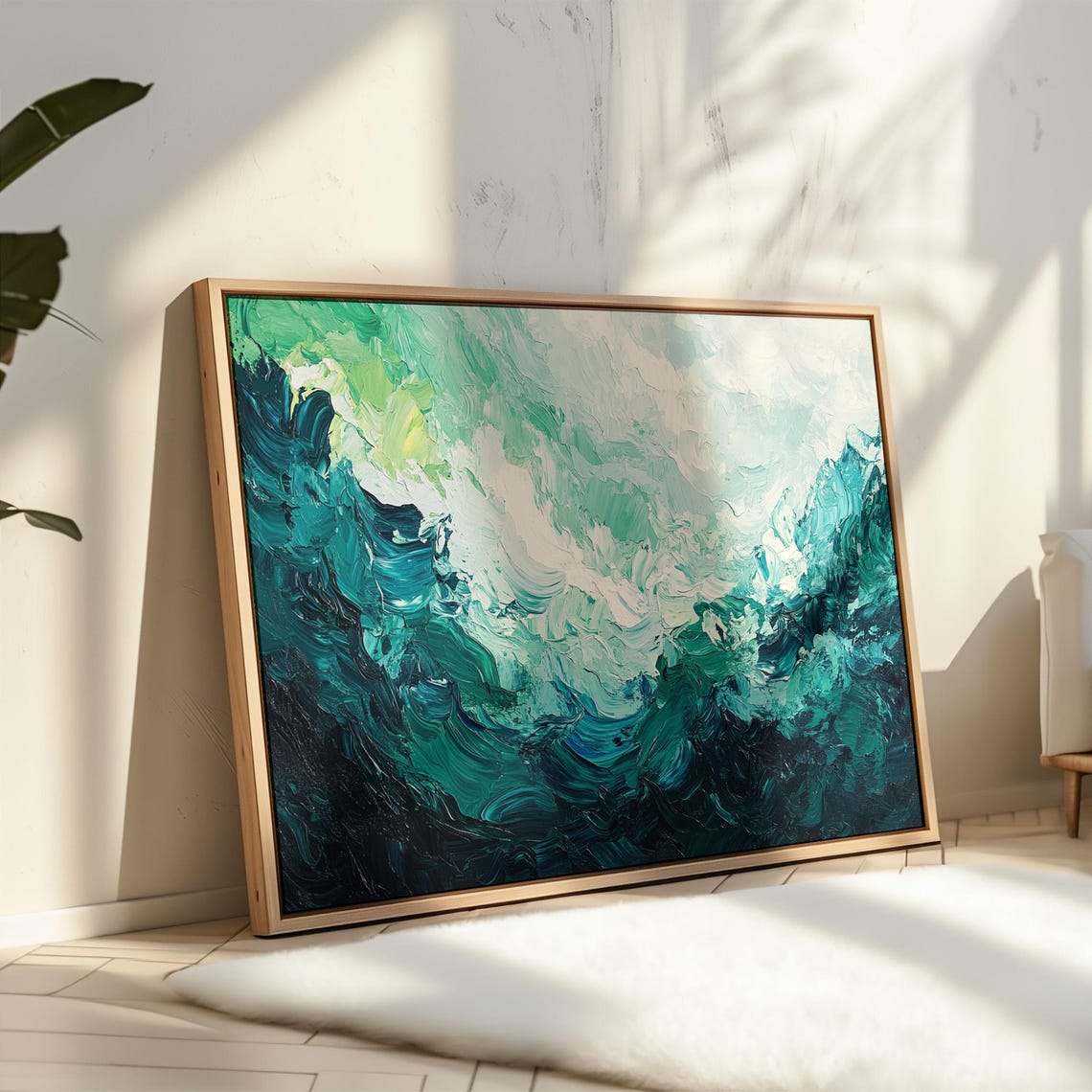 Emerald Ocean Waves Textured Abstract Palette Knife Coastal Art Print - Image 5
