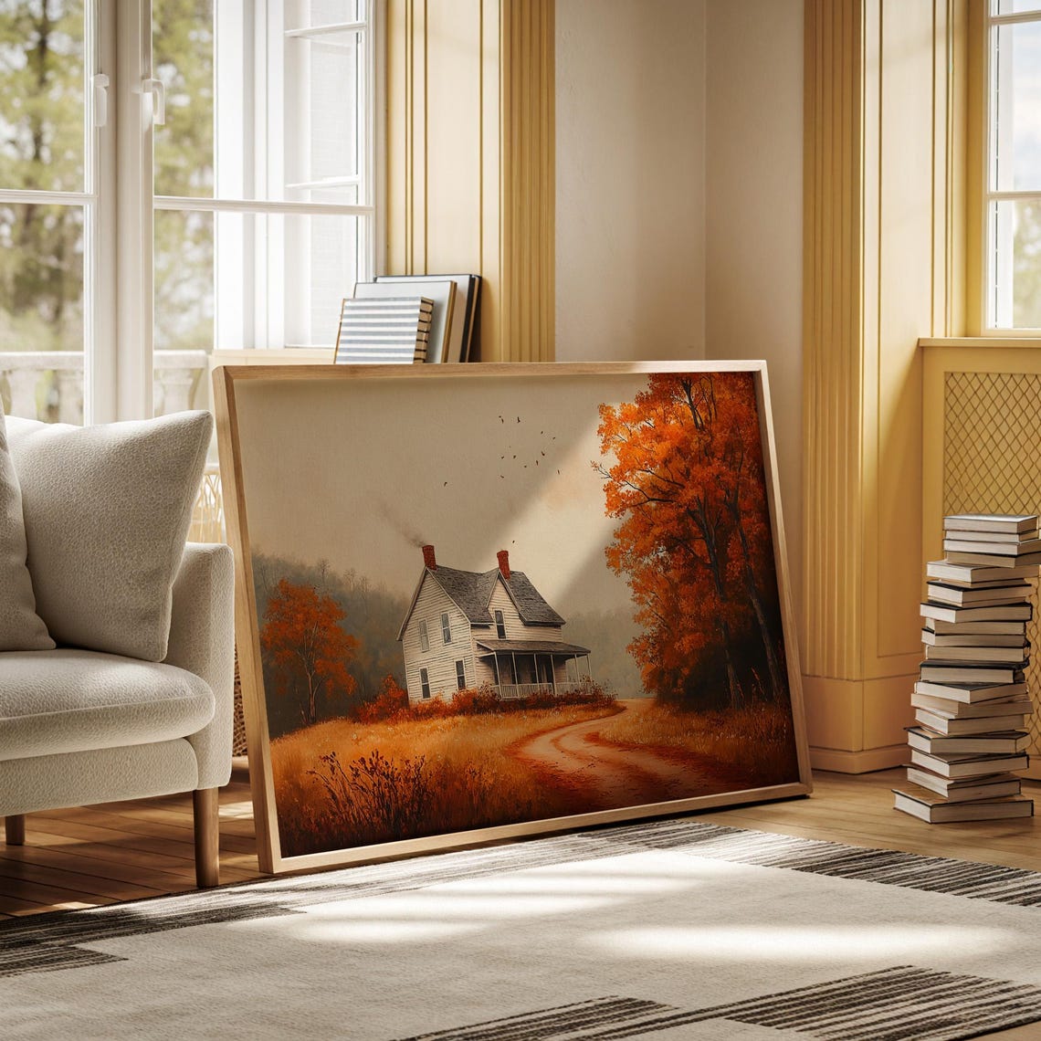 Autumn Farmhouse Landscape, Rustic Country House Art - Image 2