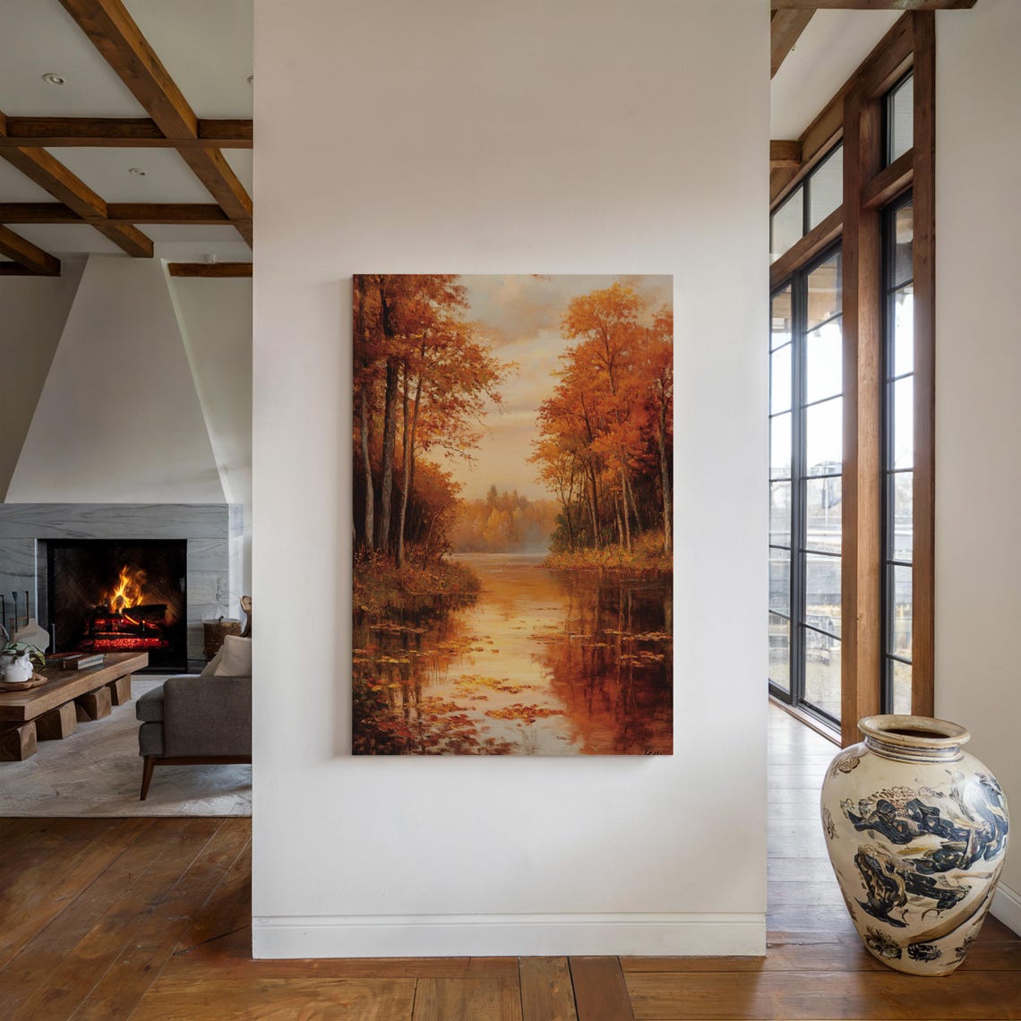 Golden Autumn Forest River Landscape Art Print - Image 4