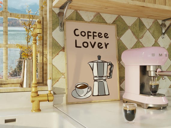 Coffee Lover Art Kitchen Decor For Coffee Lovers Moka Pot And Coffee Cup Illustration Instant Wall Art