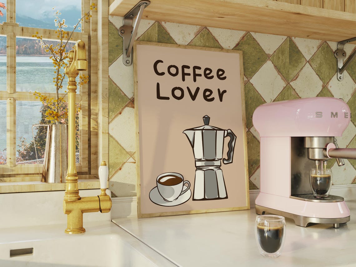 Coffee Lover Art Kitchen Decor For Coffee Lovers Moka Pot And Coffee Cup Illustration Instant Wall Art