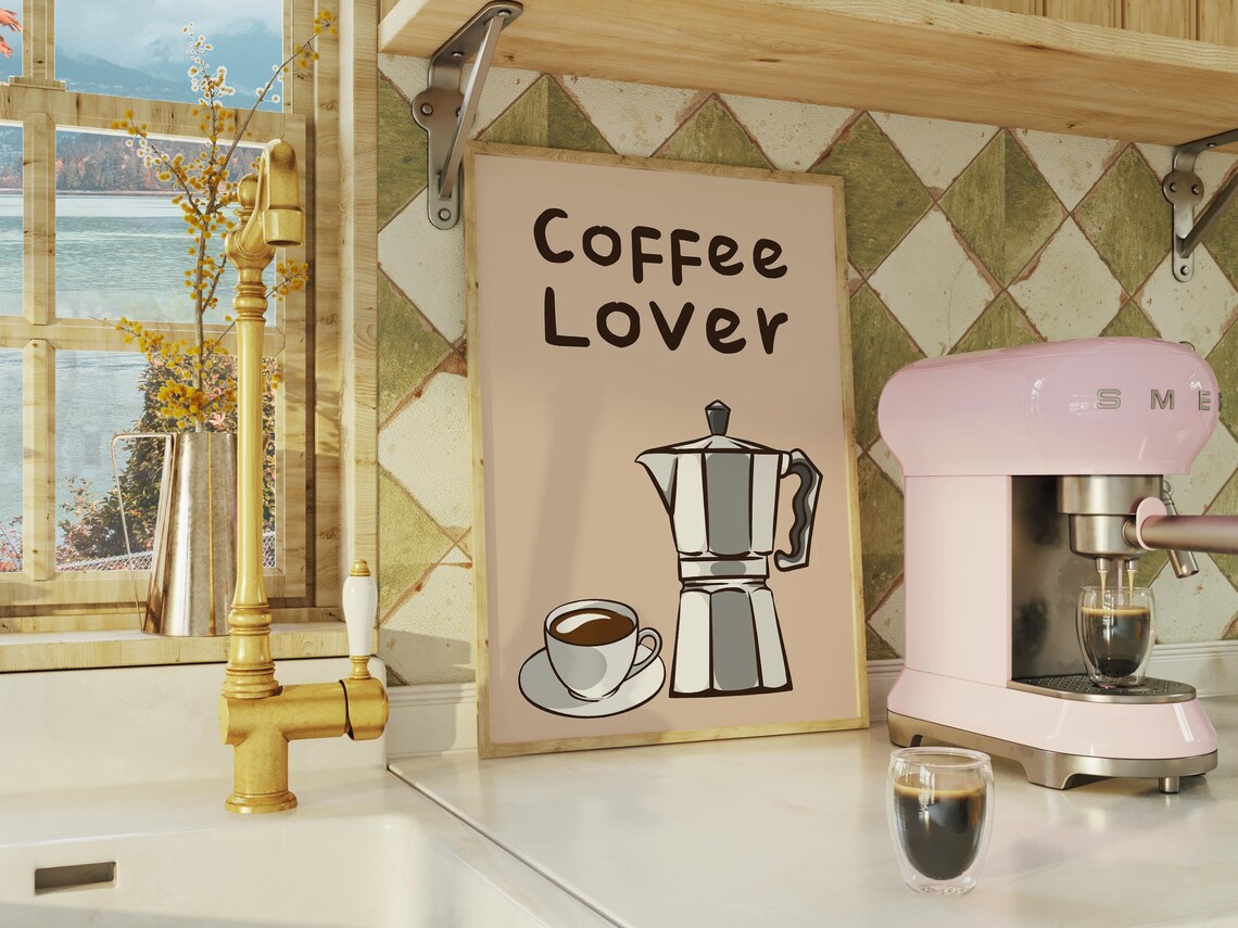 Coffee Lover Moka Pot Espresso Retro Beige Kitchen Illustration Poster