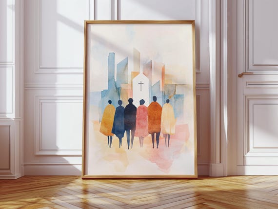 Watercolor Church In Cityscape Print Urban Faith Christian Art Worshippers And Chapel Silhouette Wall Decor For Modern Spaces