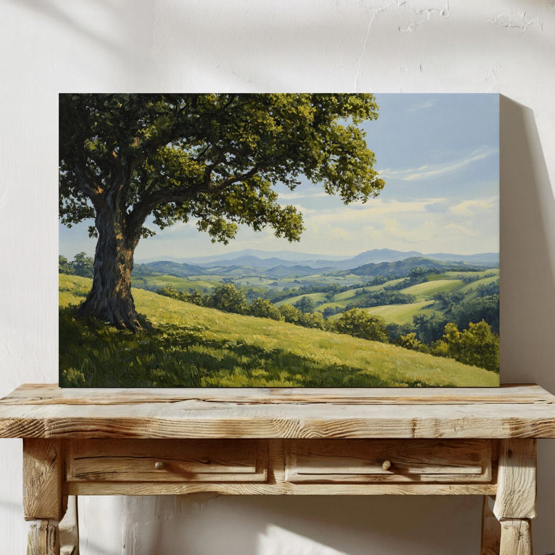 Serene Countryside Landscape Painting Rolling Hills Majestic Oak Tree Tranquil Nature Wall Art For Rustic Home Decor - Image 2