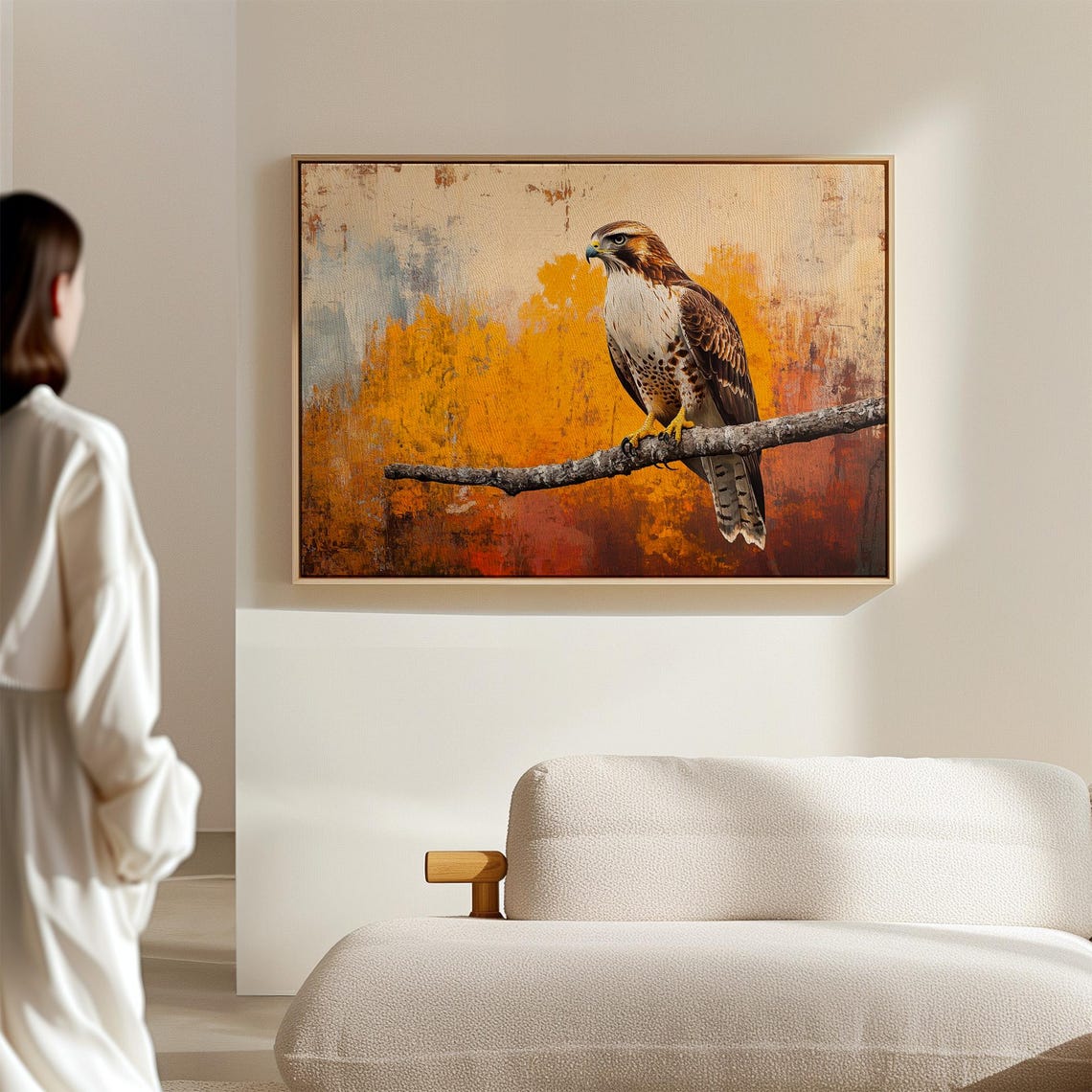Majestic Hawk On Branch Bold Wildlife Wall Art Print With Vibrant Autumn Textured Background - Image 2