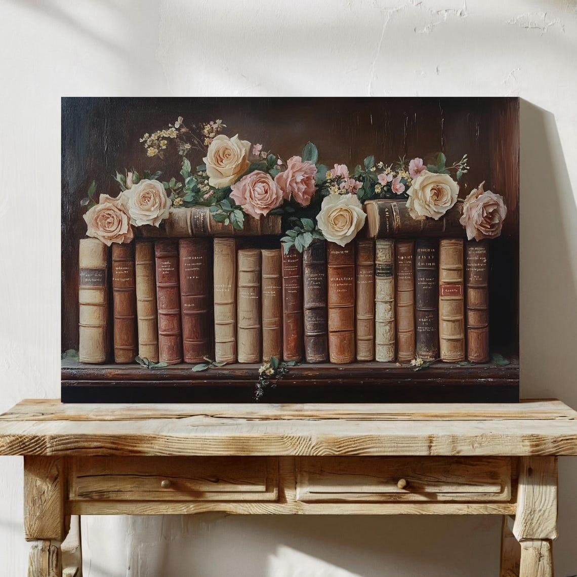 Vintage Books With Pink Roses Romantic Floral Library Wall Art - Image 5