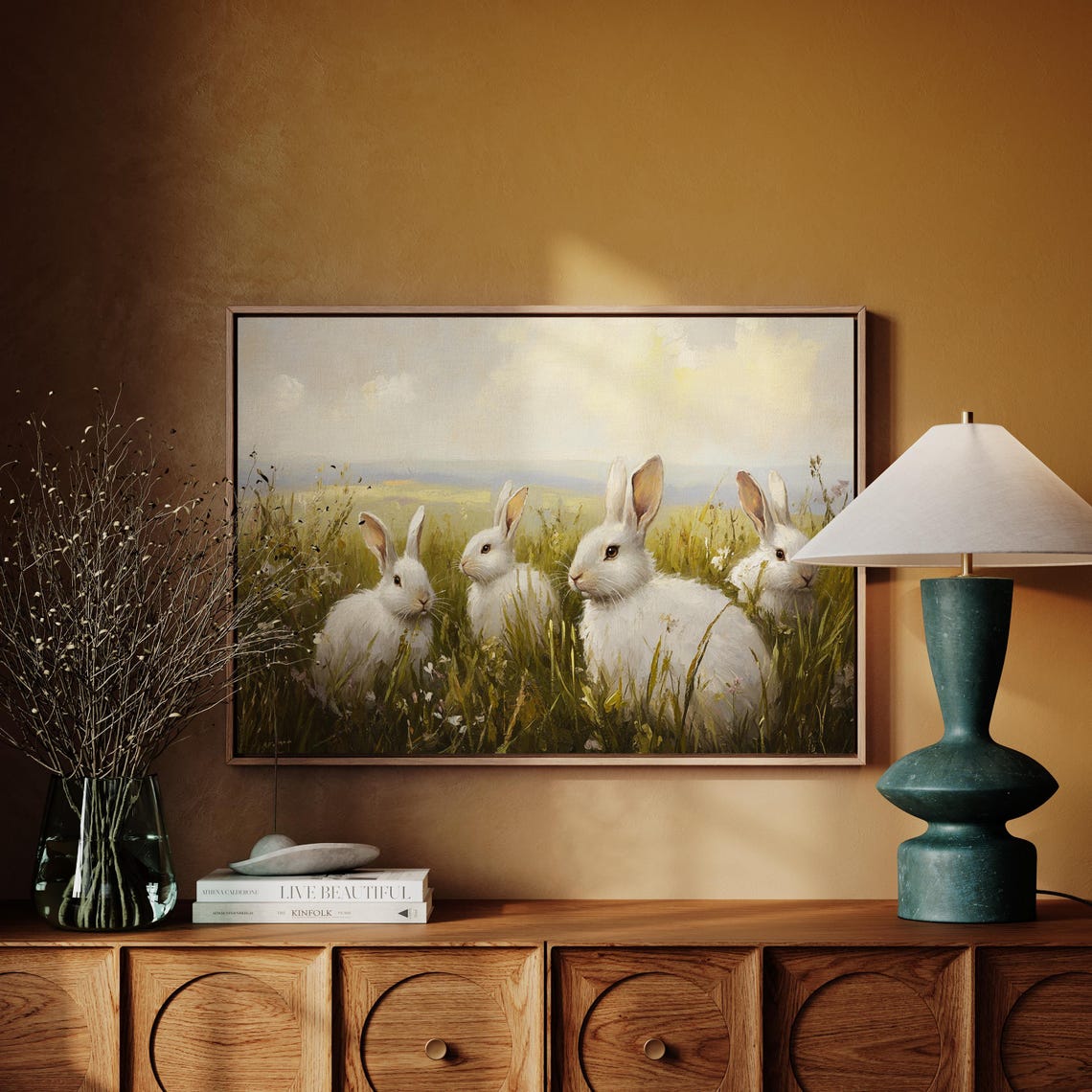 Four White Rabbits In Sunny Meadow Grass Cottagecore Bunny Art Poster - Image 5