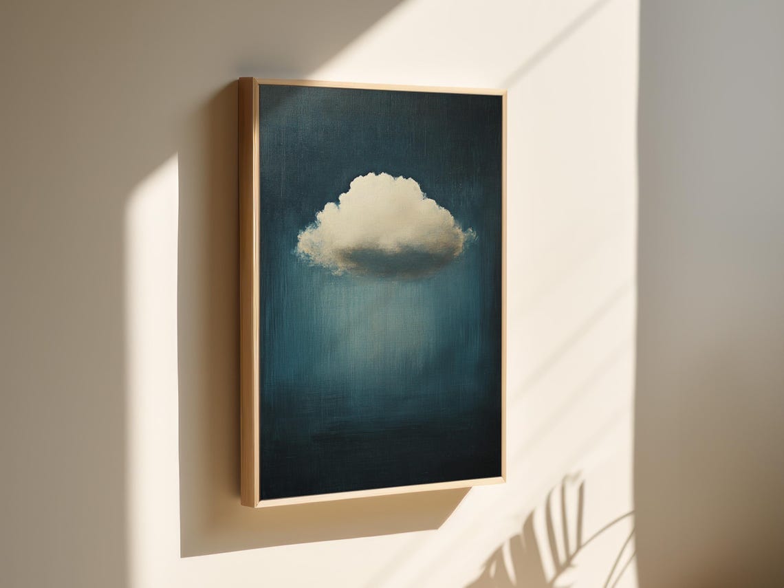Minimalist Cloud Painting Abstract Sky Wall Art Moody Blue Rain Print Atmospheric Dreamy Decor Surreal Cloudscape Artwork